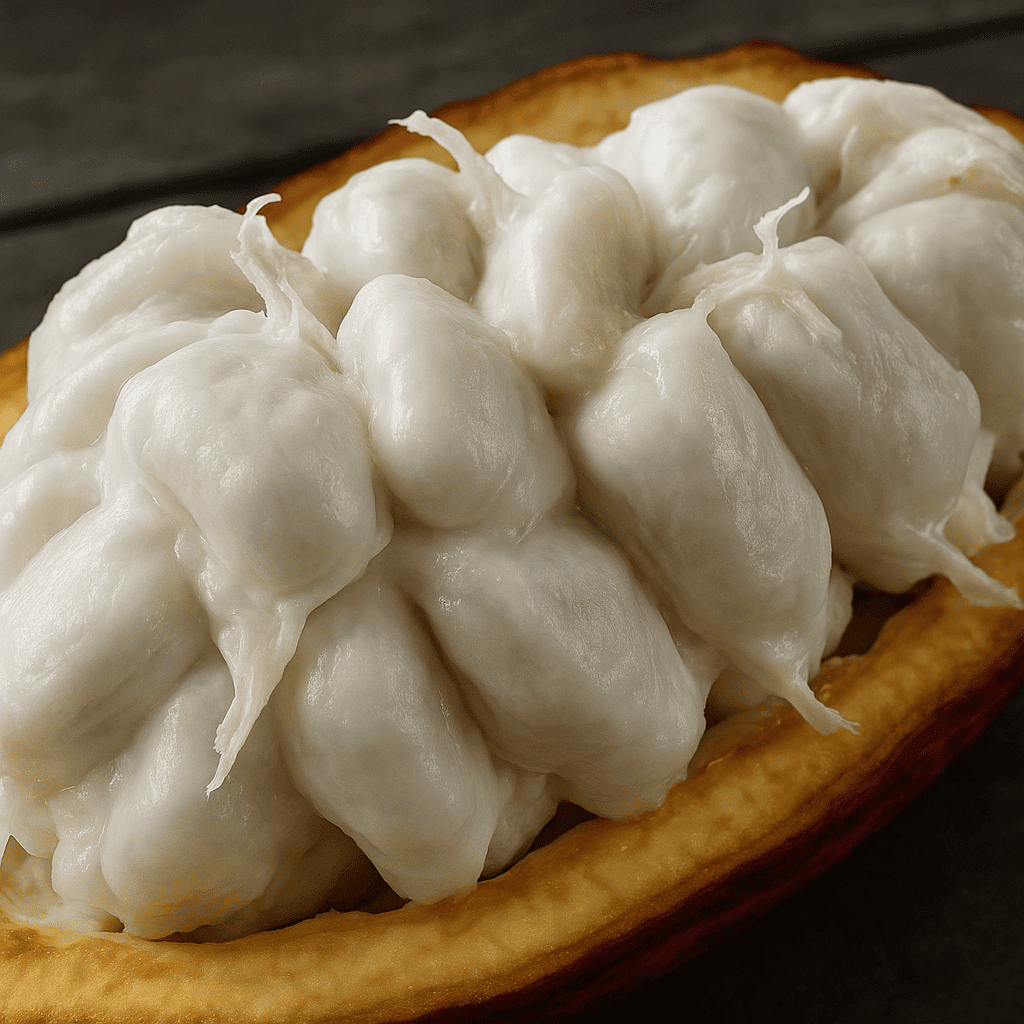 Cacao pod cross-section showing white mucilage